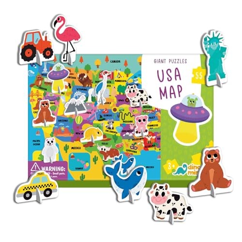 Dinomini Giant USA Map Puzzle for Kids – with Interactive Standing Usa Map