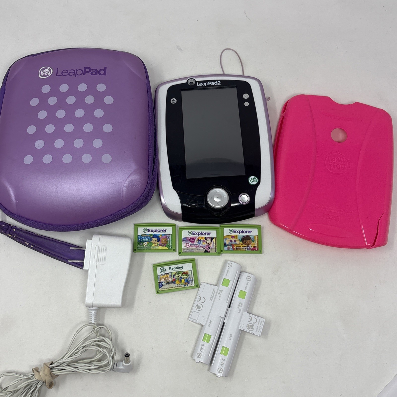 LeapFrog Leap Pad 2 Kids Tablet, Purple Carrying Case, 4 Games Lot Working