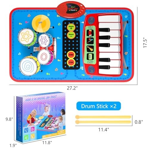2-in-1 Musical Mat Toys for 1 2 3 4 5 Year Old, Piano Keyboard & Drum Set with 2