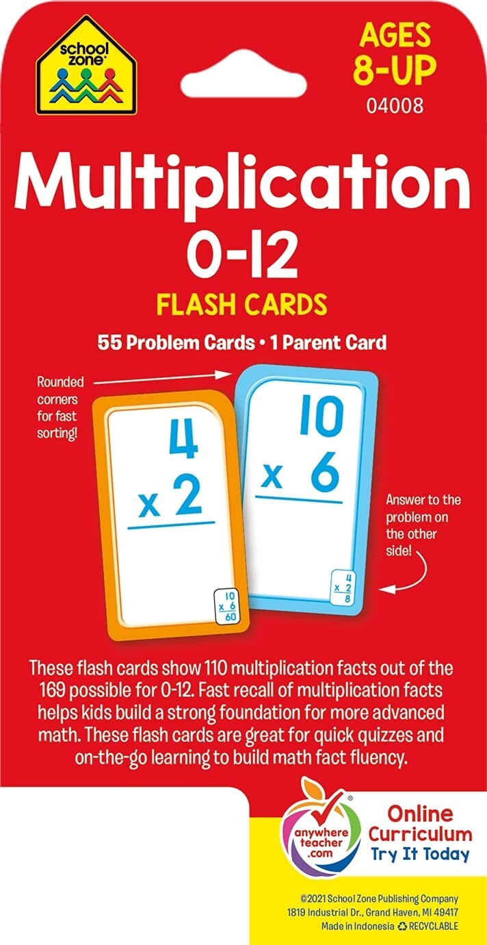 Multiplication Flash Cards 0-12 Flash Cards Elementary Grade Math for Ages 8+