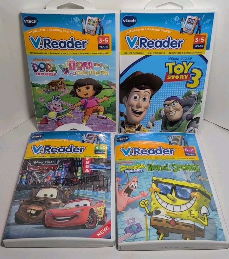 Lot Of 4 Vtech V Reader Games Dora, Toy Story 3, Cars 2, & SpongeBob Age 3-7