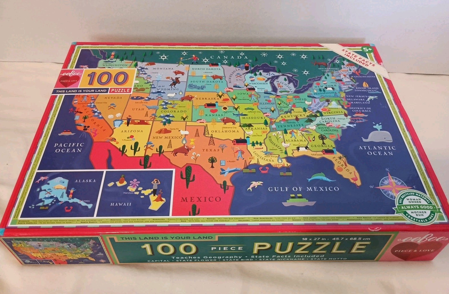 eeboo United States 100 pc Map Puzzle, NEW Open Box, Teacher, State Facts 18×27
