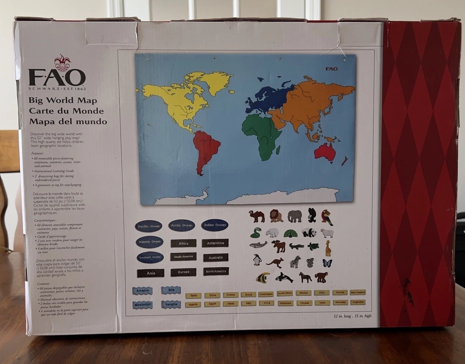 FAO Schwarz 52″ Big World Map Hanging Play Map 60 Removable Pcs Complete in Box