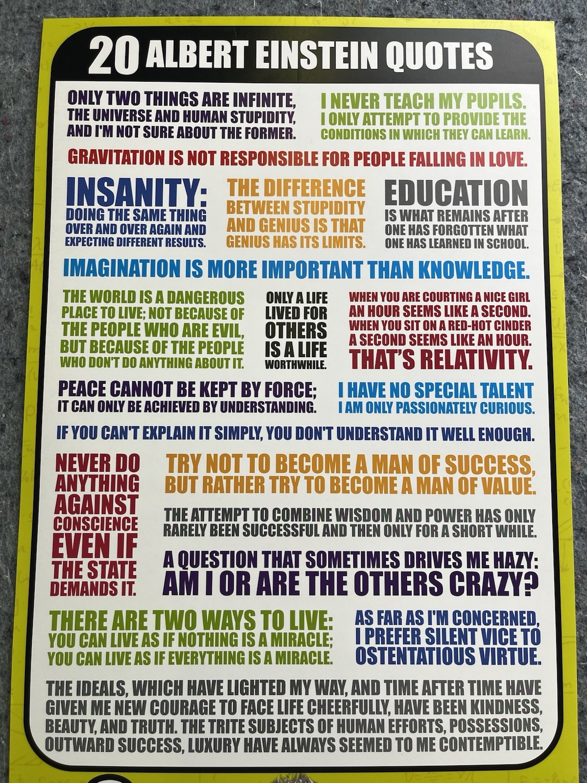 Albert Einstein Quotes Poster 12×24 Motivational Educational Science Wall Art
