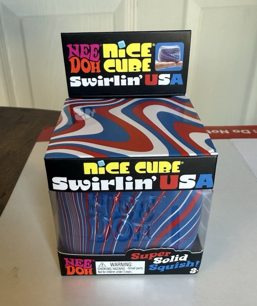 NeeDoh Nice Cube Swirlin’ USA Super Solid Squish Squeeze Toy, Red/White/Blue