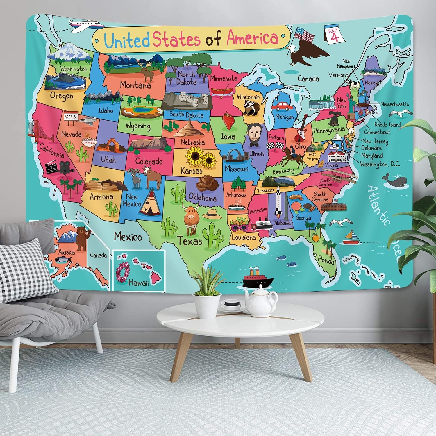 Kids Map of The United States Tapestry, Cartoon Fun Facts Geography USA Ameri…