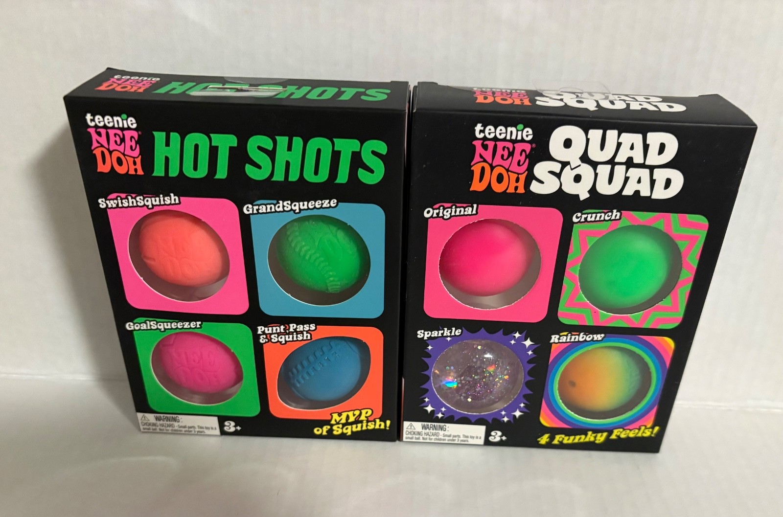 NeeDoh Teenie Hot Shots 4 Pack Squishy Balls & Quad Squad 4 Funky Feels