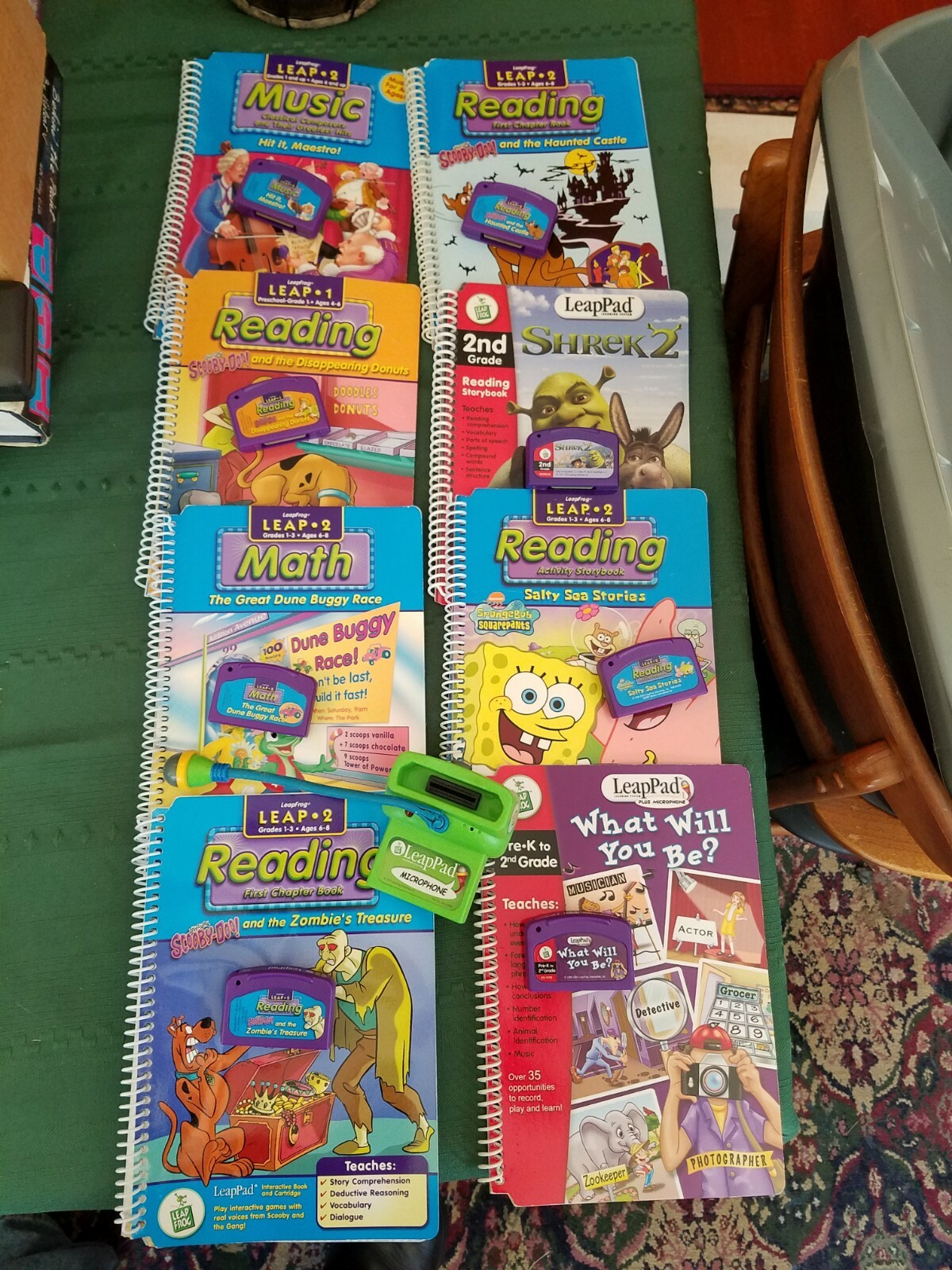 8 LEAP FROG 1 and 2 Cartridges w/ Books Scooby Doo Spongebob Shrek Microphone