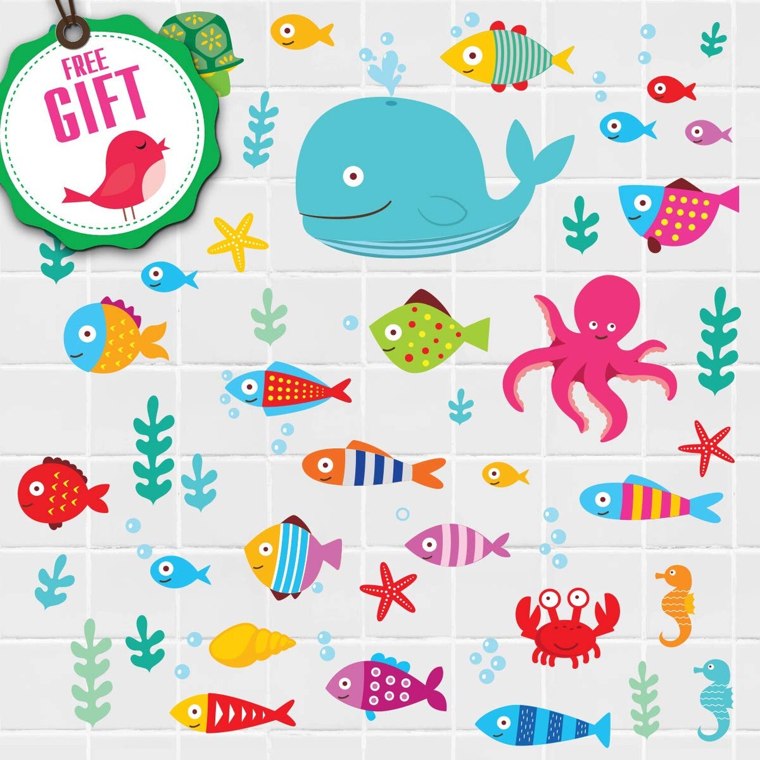 Ocean Fish Wall Decals – Sea Whale Turtle Tropical Creatures Bathroom Stic