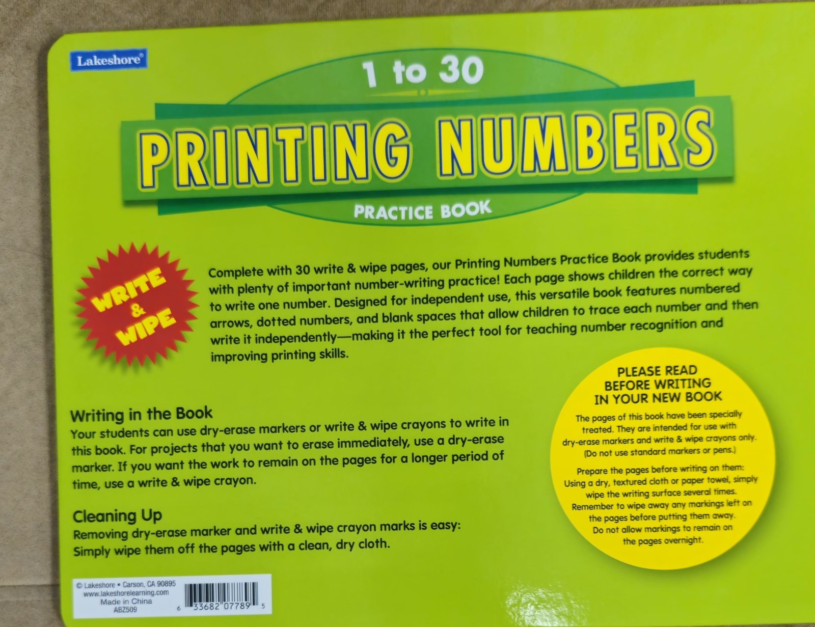 Lakeshore Write & Wipe Uppercase Printing Letters Practice Book AA555, Age 4+