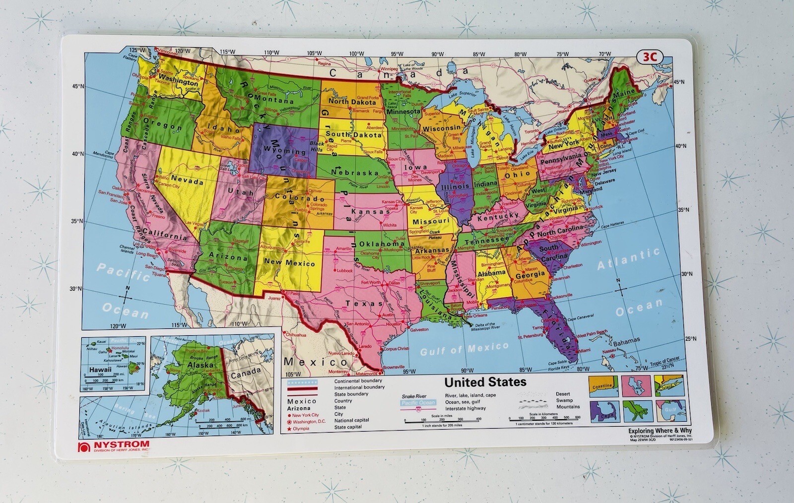 Pristine 17″X11″ Laminated double sided United States 3C & World Map 3D Nystrom