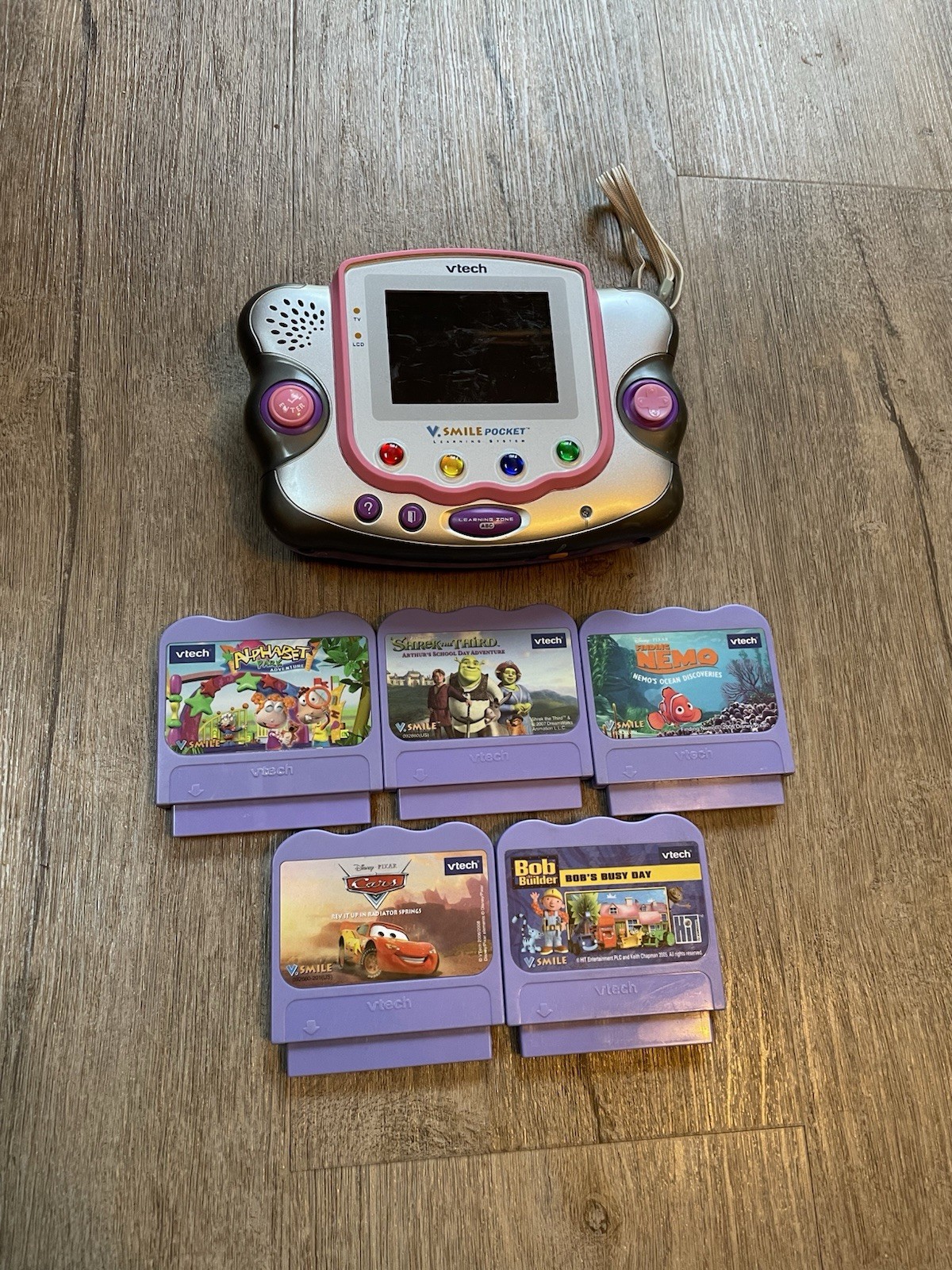 Vtech V.smile POCKET System TESTED WORKING 5 Game Cartridges NEMO SHREK BOB CARS