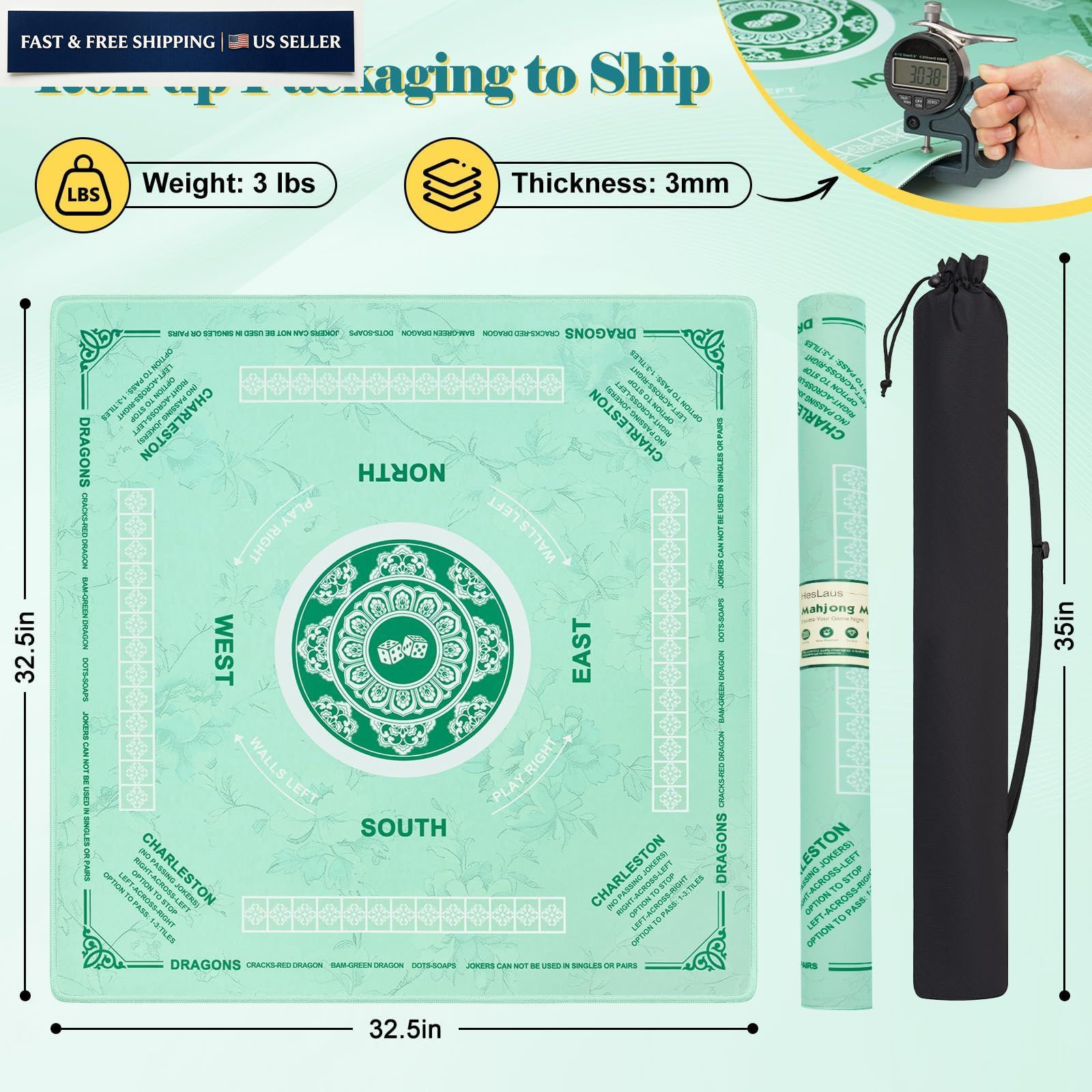 Mahjong Mat with Rules, 32.5″x32.5″ Water 32.5″ x x 0.11″, Green