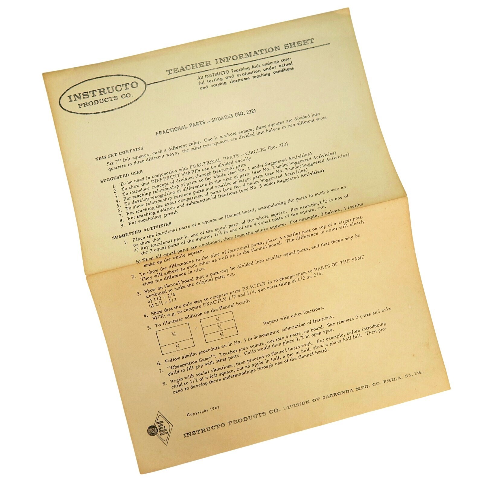 1960s Instructo Fractional Parts Felt Set – Mixed Shapes – Instruction Sheet
