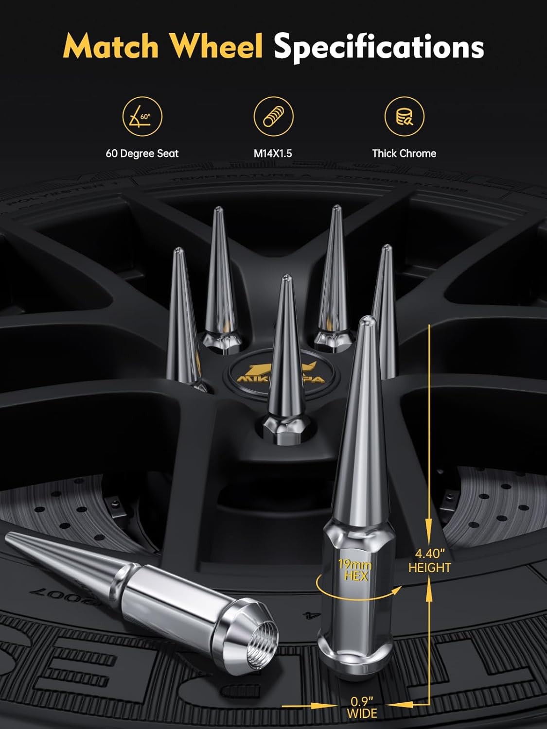 MIKKUPPA M14x1.5 Spike Lug Nuts 32PCS Chrome 4.4″ Acorn Wheel Nuts w/ Key
