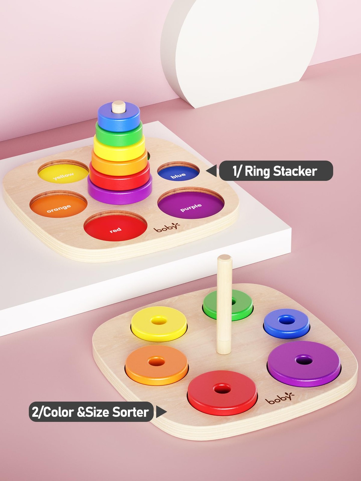 Dailyfunn Montessori Toys Wooden Rainbow Medium, Red, Yellow, Green, Blue