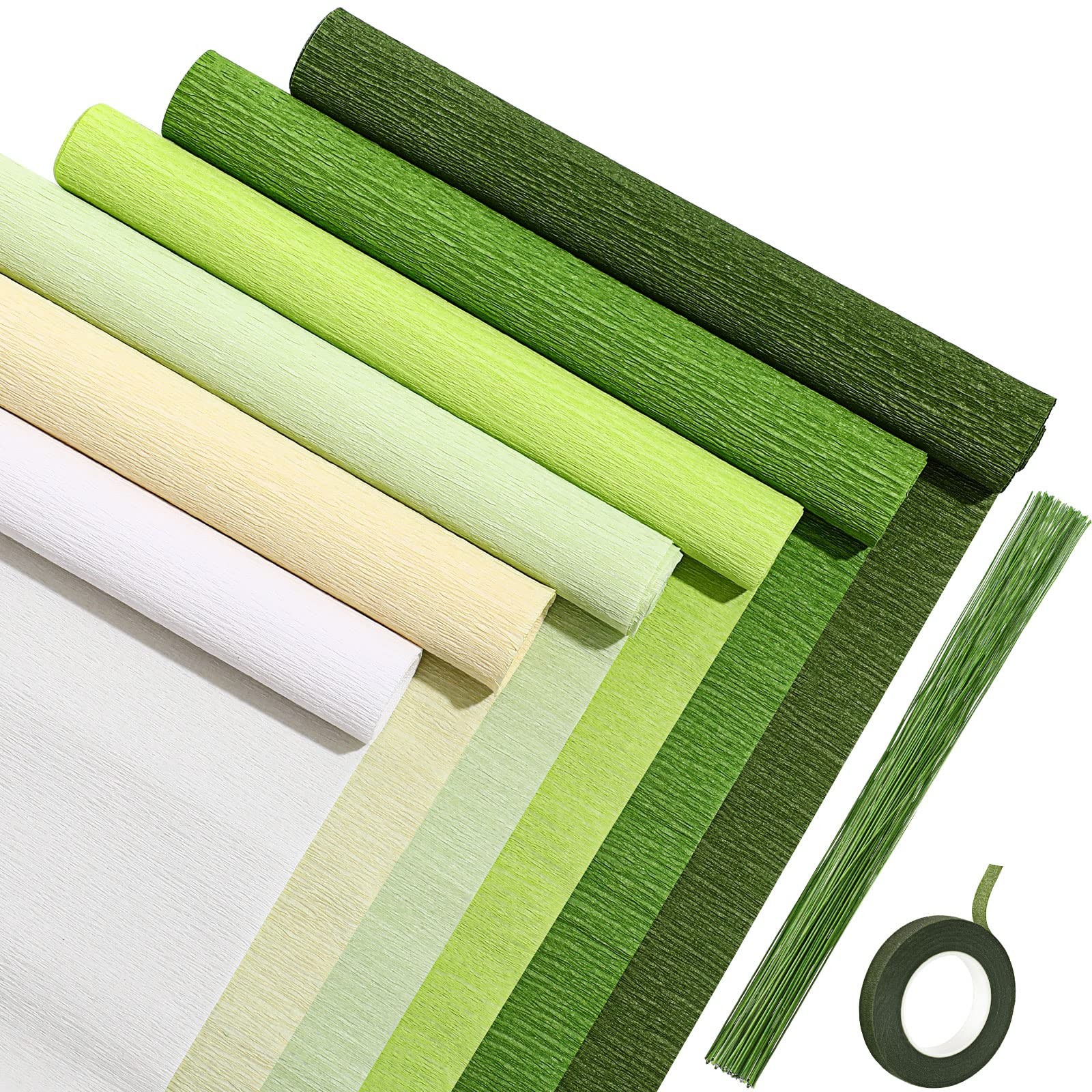 Gersoniel 57 Pcs Crepe Paper Flower DIY Kits 6 Rolls 35g Papel Green Series