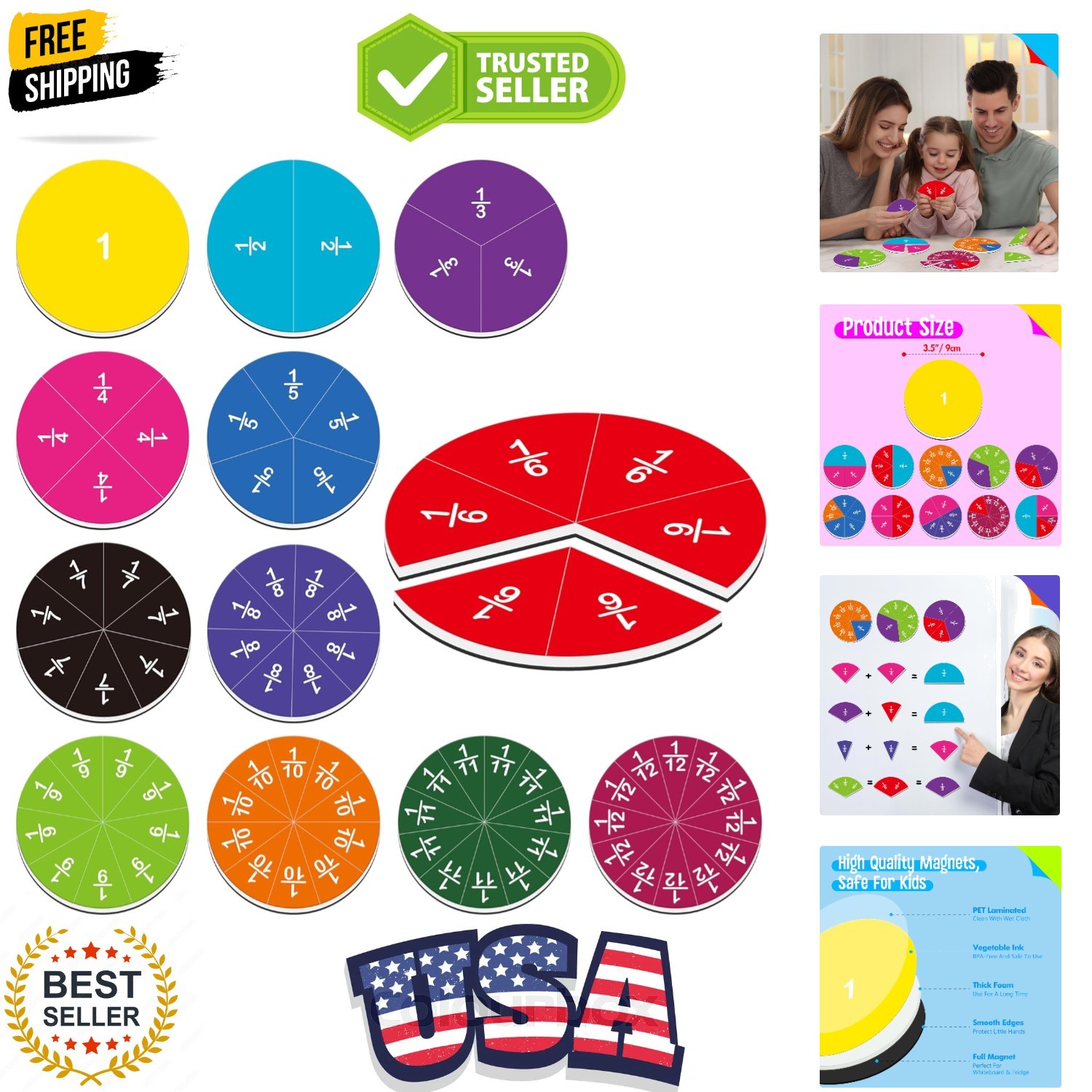 78 PCS Magnetic Fraction Tiles, Educational Math Learning Manipulatives Set f…