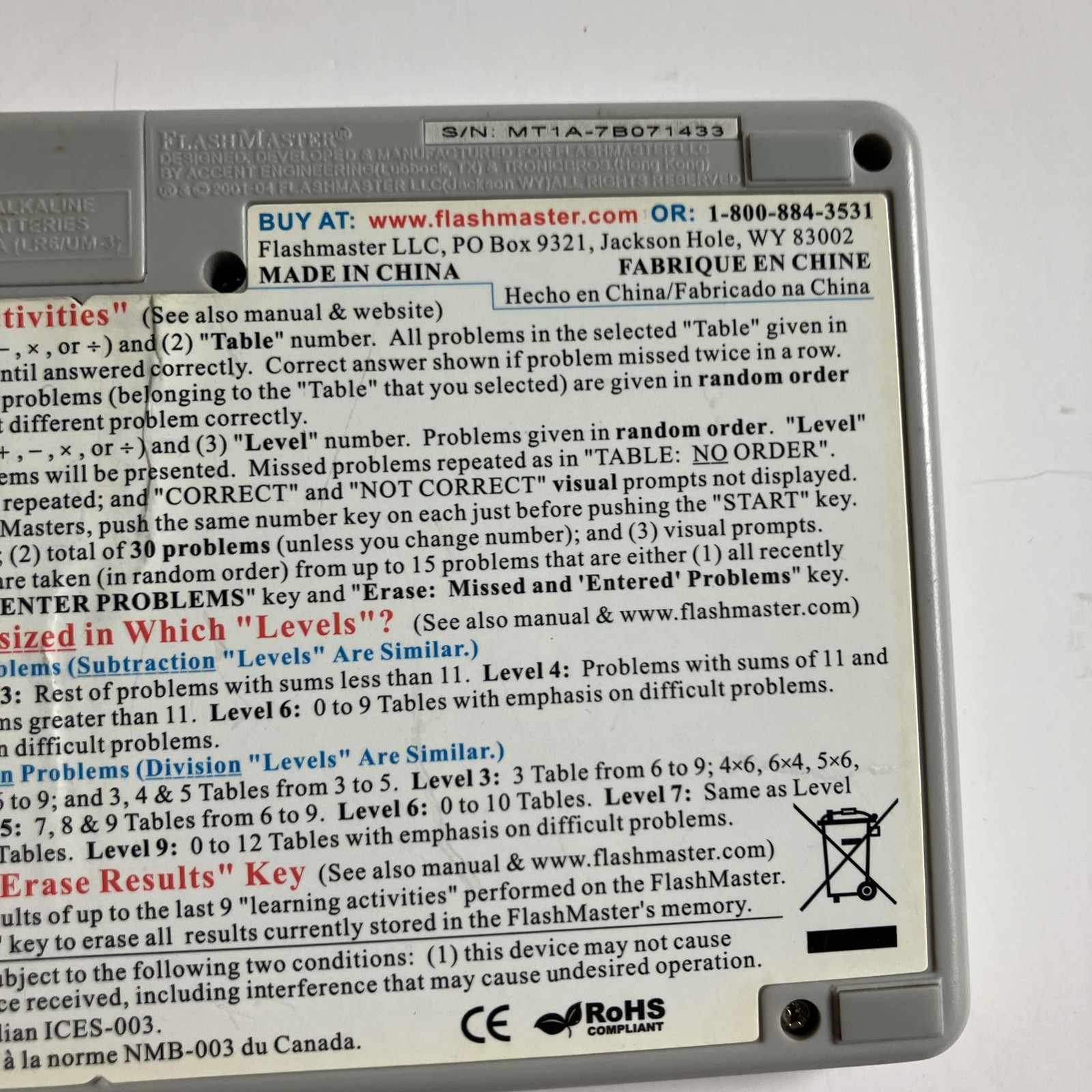 Flash Master Math Tables Electronic Learning Tool Model MT1A Tested Working A6