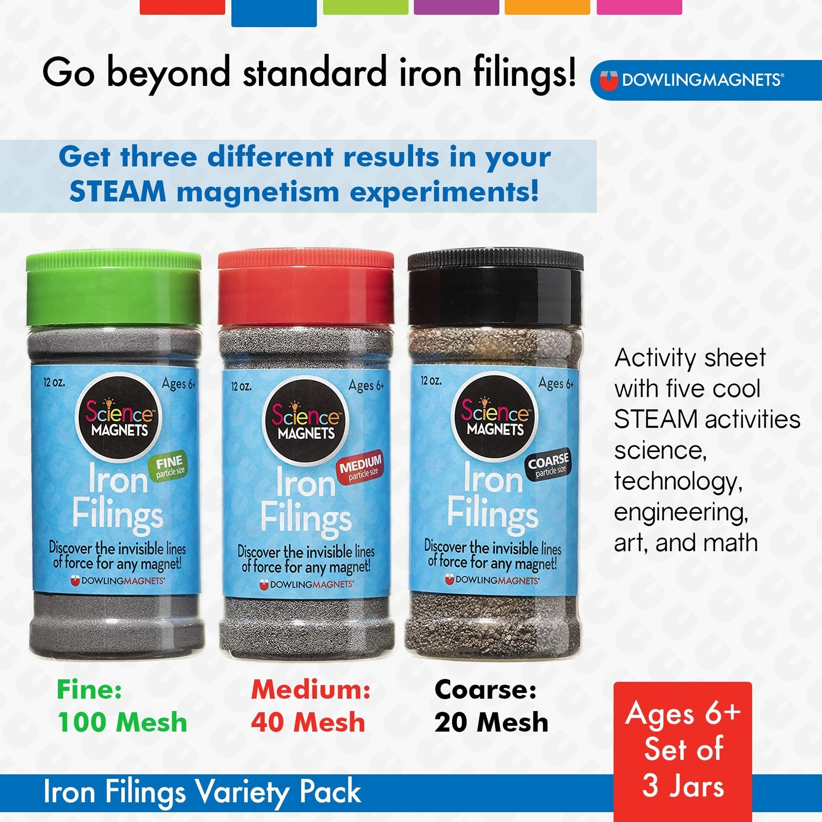 Steam Iron Filings Experiment Kit 12 Ounces 3 Jars Different Particle Sizes
