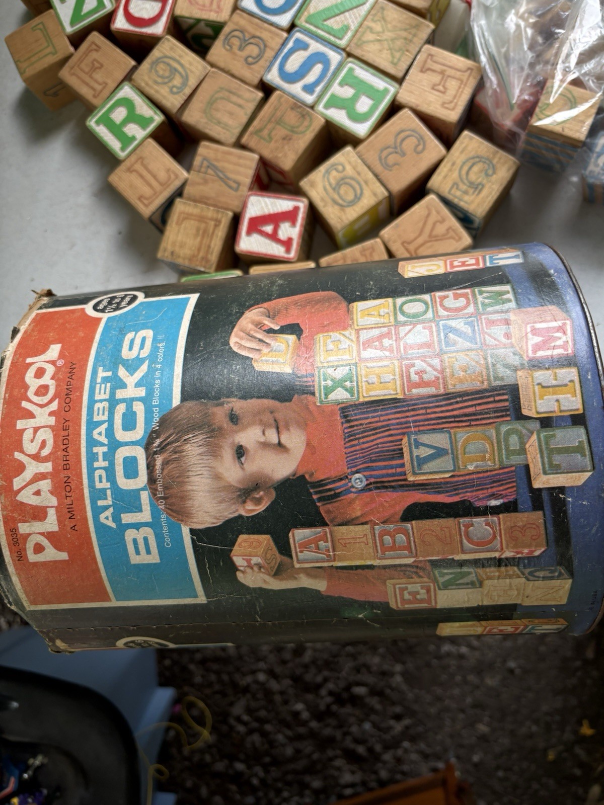 Vintage Playskool Alphabet Blocks Wood 1.75 Inch with Canister Plus Extras