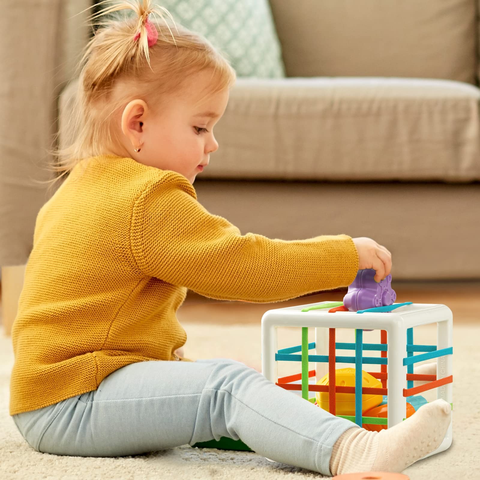 Aprilwolf Montessori Toys for 1 Year 4.9 inch Shape Sorter Cube, Multi-color