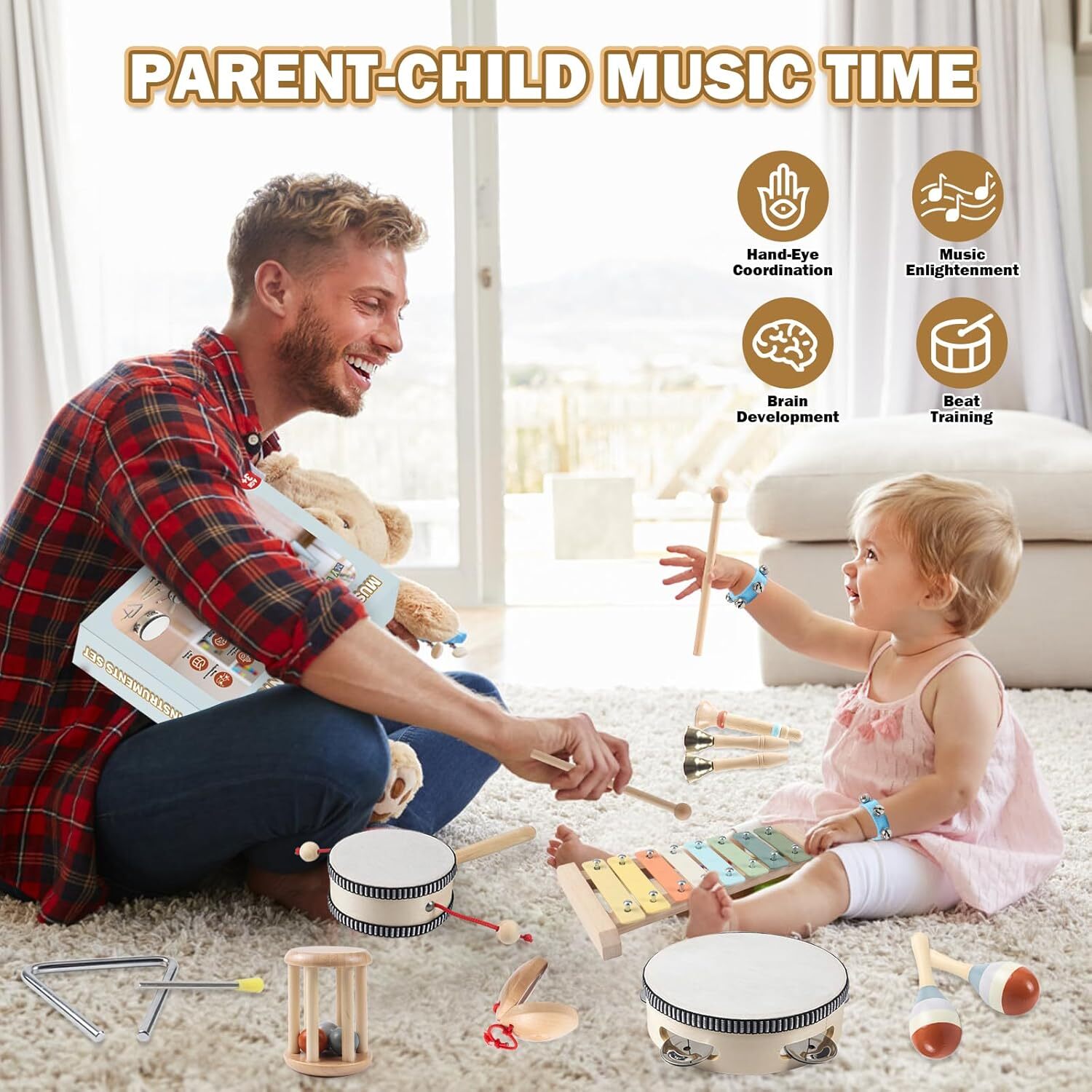Wooden Neutral Colors Percussion Instruments Toy with Modern Boho Xylophone Gift