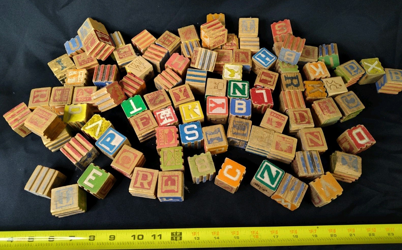 Vintage Wooden Alphabet Blocks Lot Antique ABC Number Animal Learning Toy Set