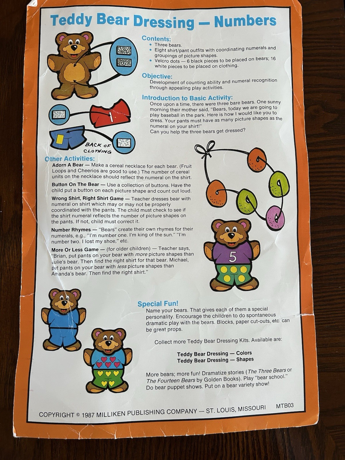 VTG 1987 Teddy Bear Dressing Numbers Milliken Homeschool Preschool Kindergarten