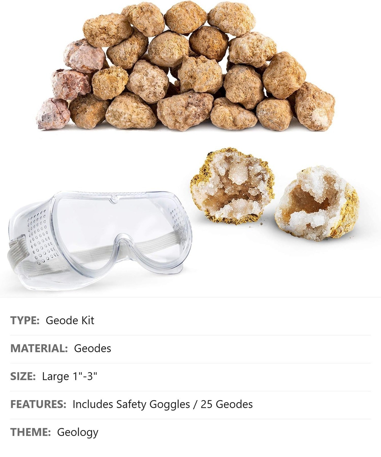 Premium Moroccan Geode Kit, 25 Large 1″-3″ Geodes, Safety Goggles