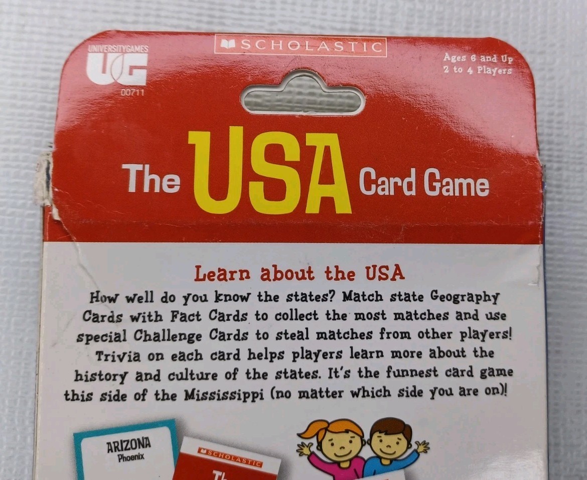 University Games Scholastic The USA Card Game Travel Trivia 2-4 Players Ages 6 +
