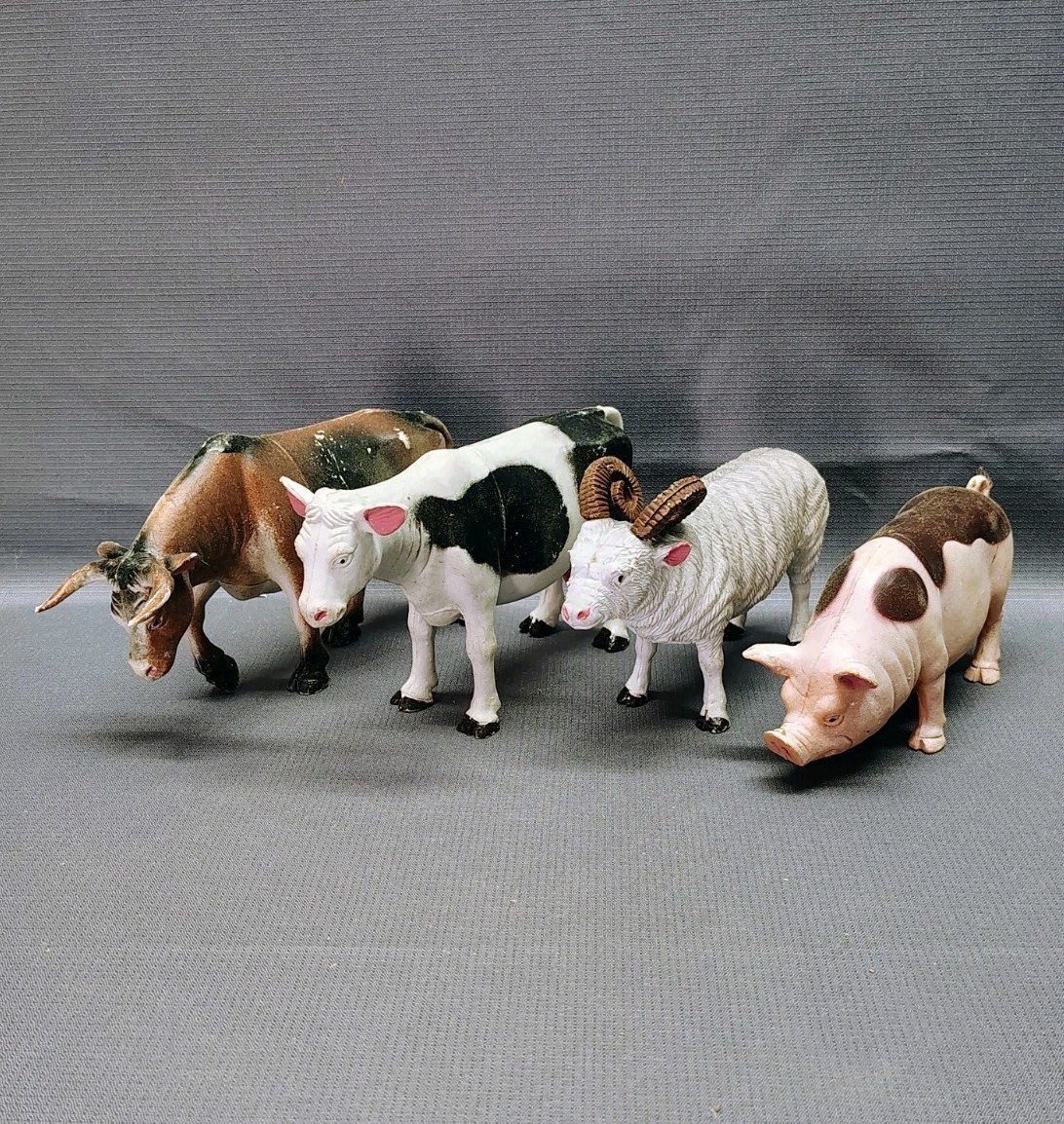 Set of 4 Vintage 1987 Plastic Farm Animal Toy Figures – Bull, Cow, Ram, & Pig
