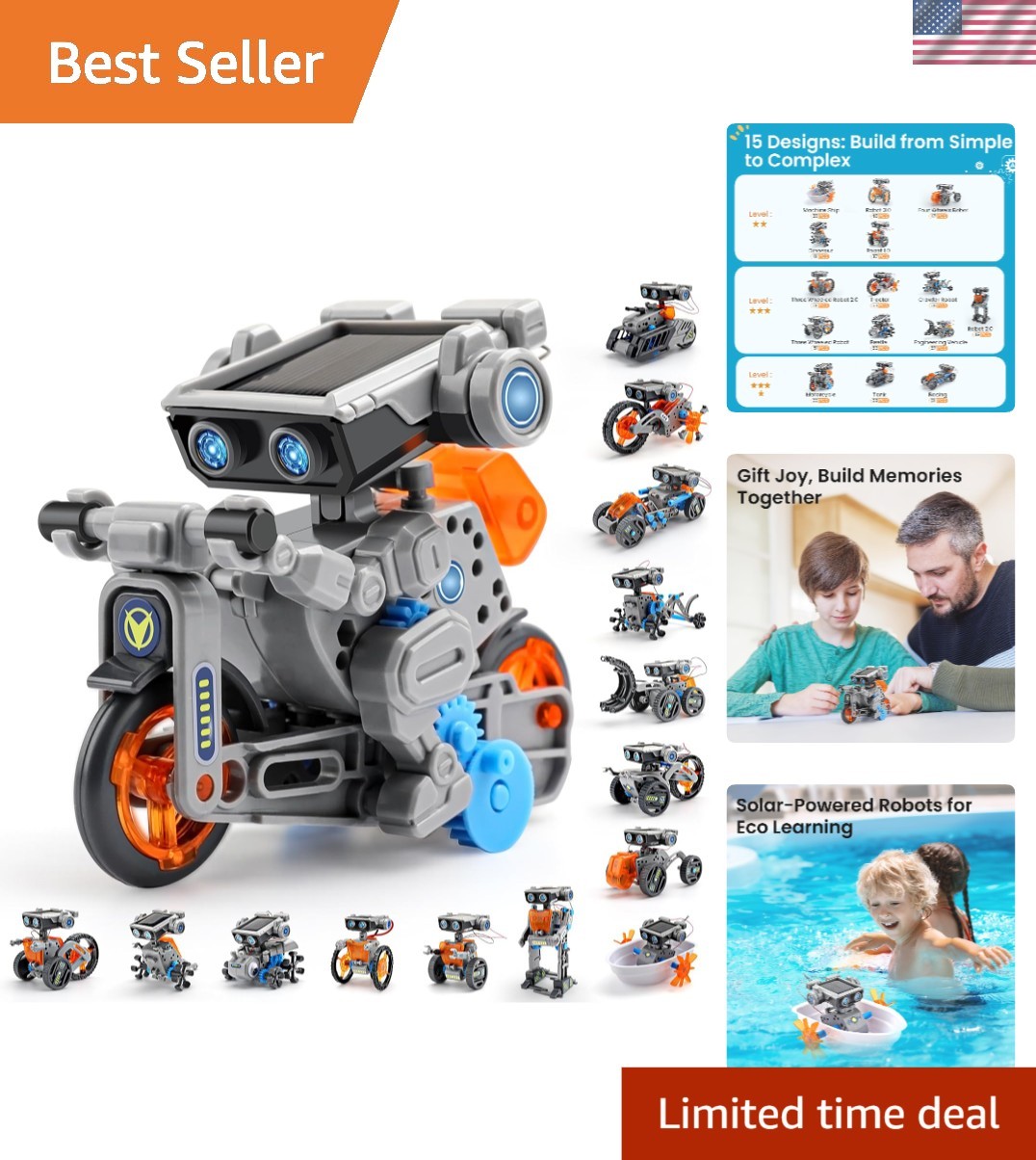 DIY Solar and Battery Powered Robot Kit: 212-Piece STEM Gift for Boys 8-13