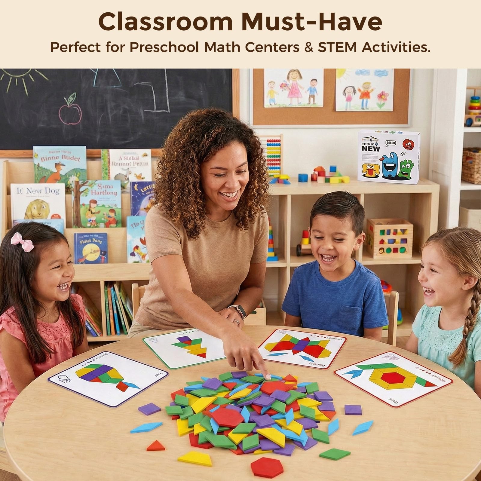 Wooden Pattern Blocks Set Kids Geometric Shapes Tangram Educational Toy