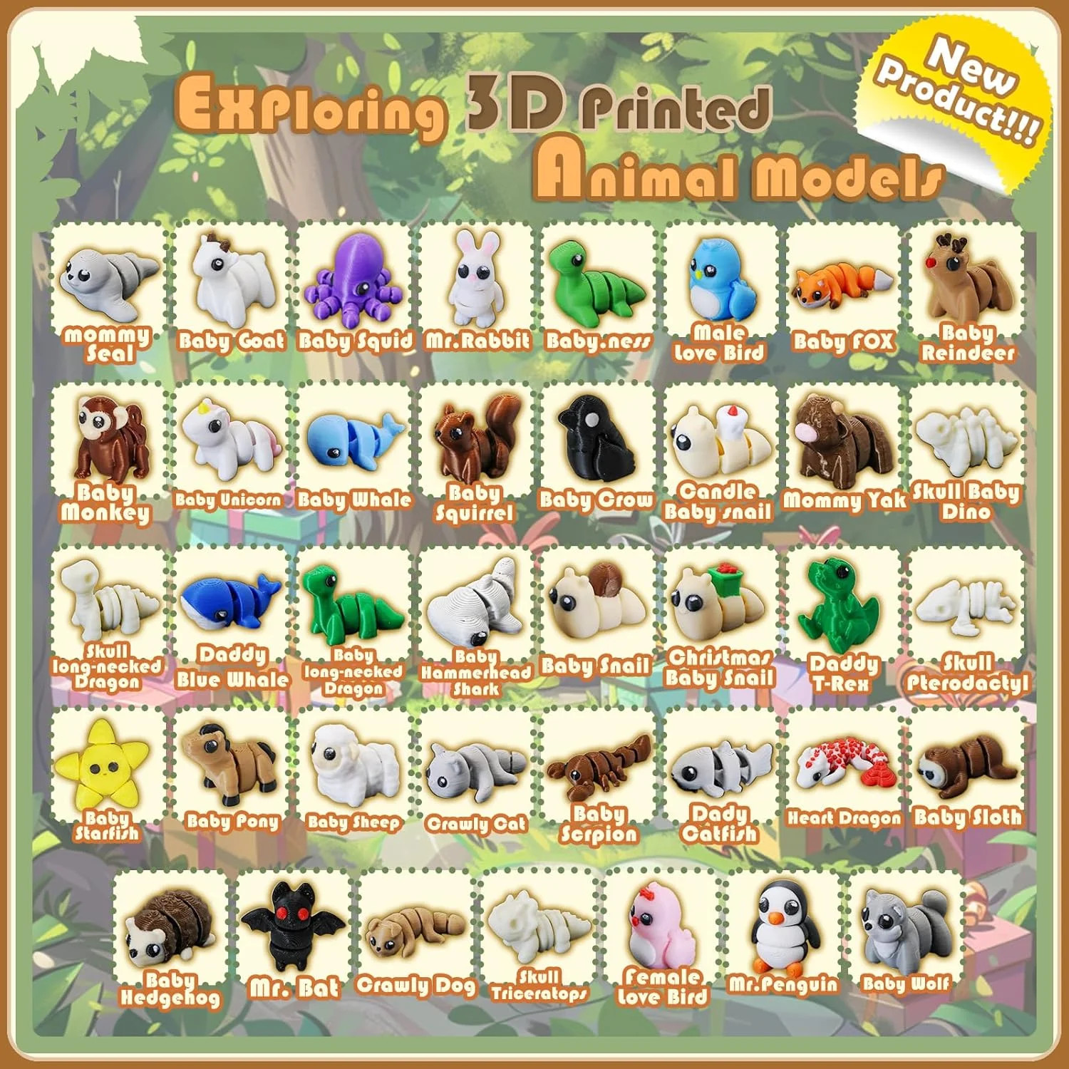 20PCS Mini Animals Figures Set,3D Printed Small Animal Flexible Fidget Toys，3D P