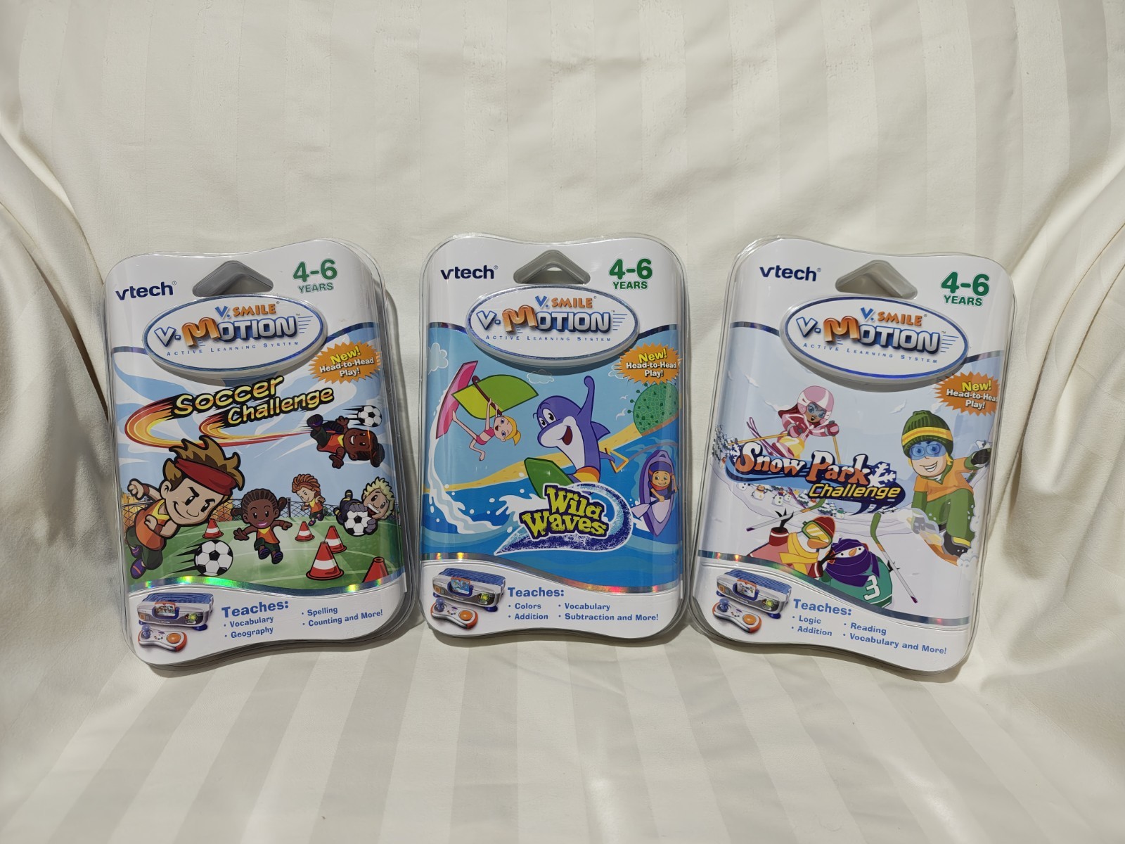 NEW (3) VTECH VSMILE VMOTION 4-6 years Soccer, Snow Park, & Wild Waves