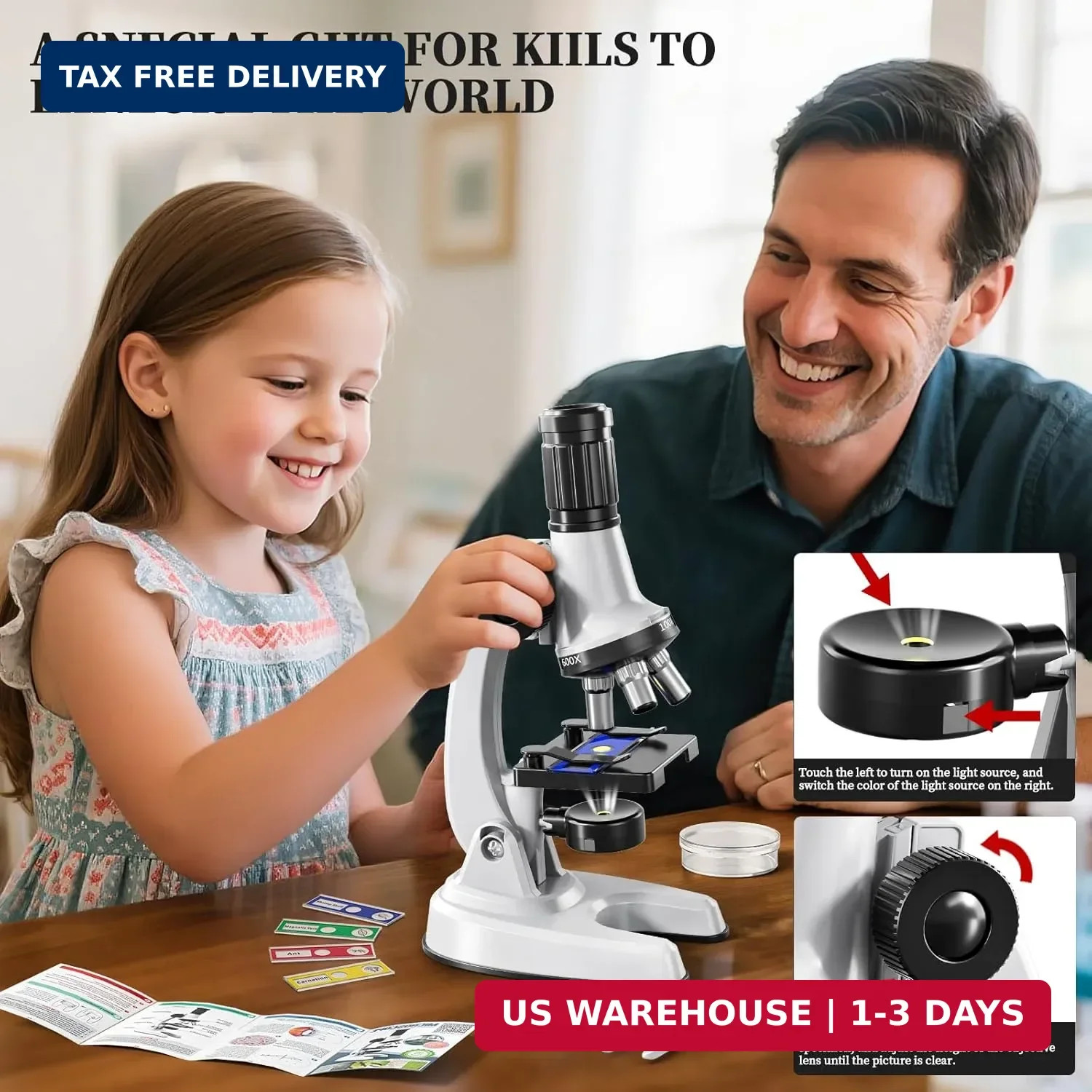 65 Pieces Microscope Kit for Kids Ages 5-7 8-13, 100X-1200X Magnification with 7