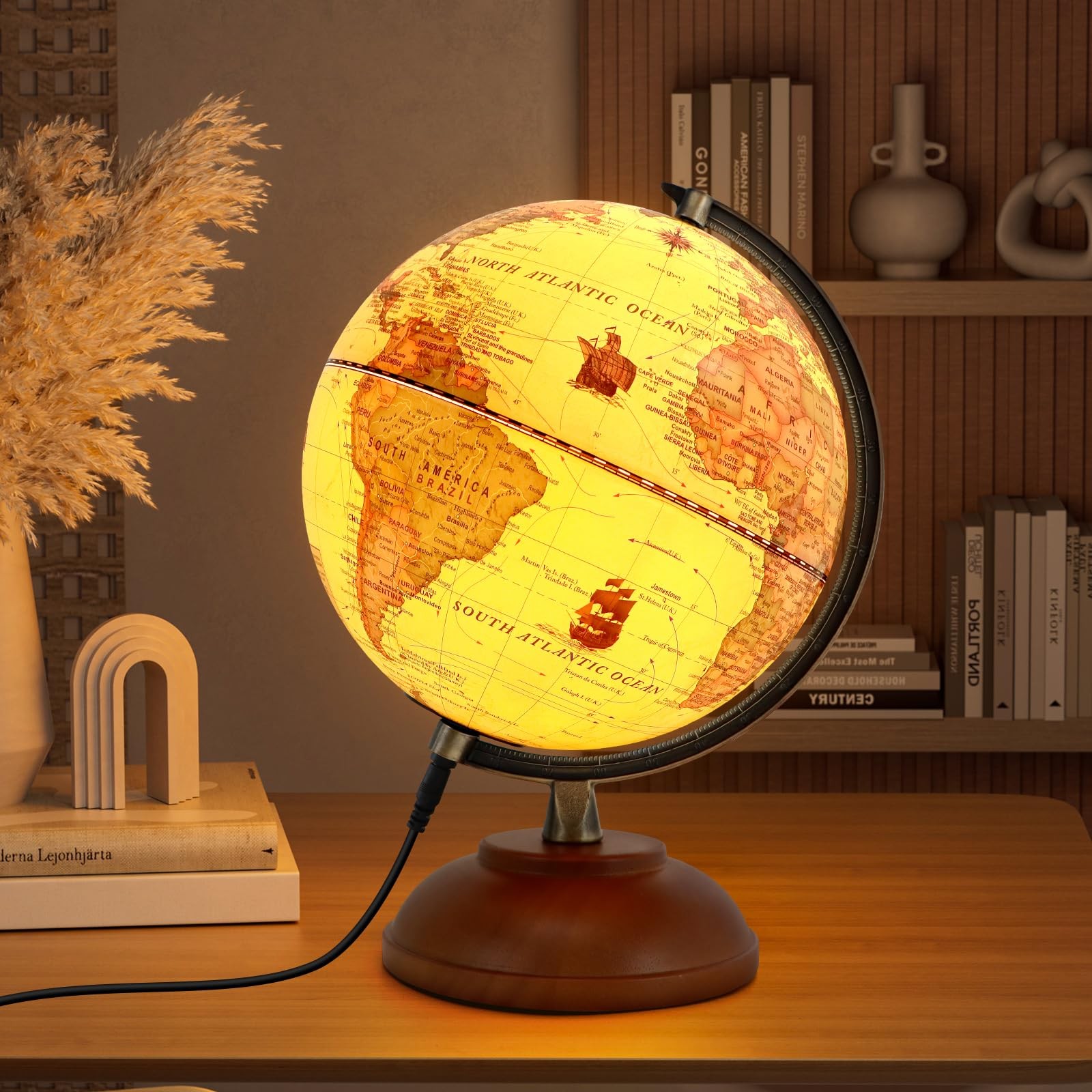 Illuminated World Globe with Wood Stand, 8” Vintage Globes 8 inch