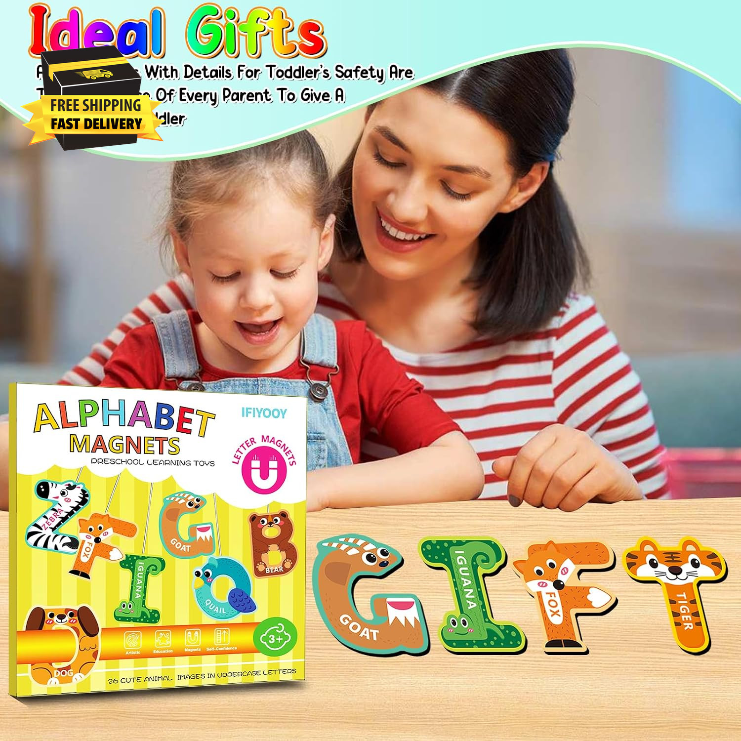 Alphabet Magnets, Fridge Magnets for Toddlers 1-3, Magnetic Alphabet Letters, AB