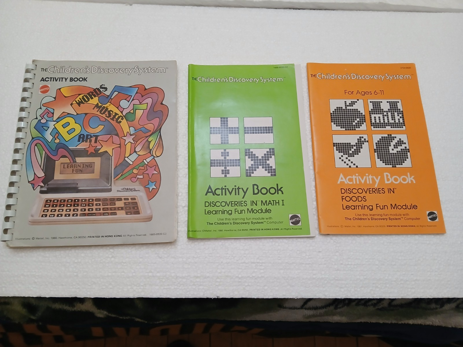 3 Diff. Mattel Children’s Discovery System Activity Books 1980-81 Math Foods +