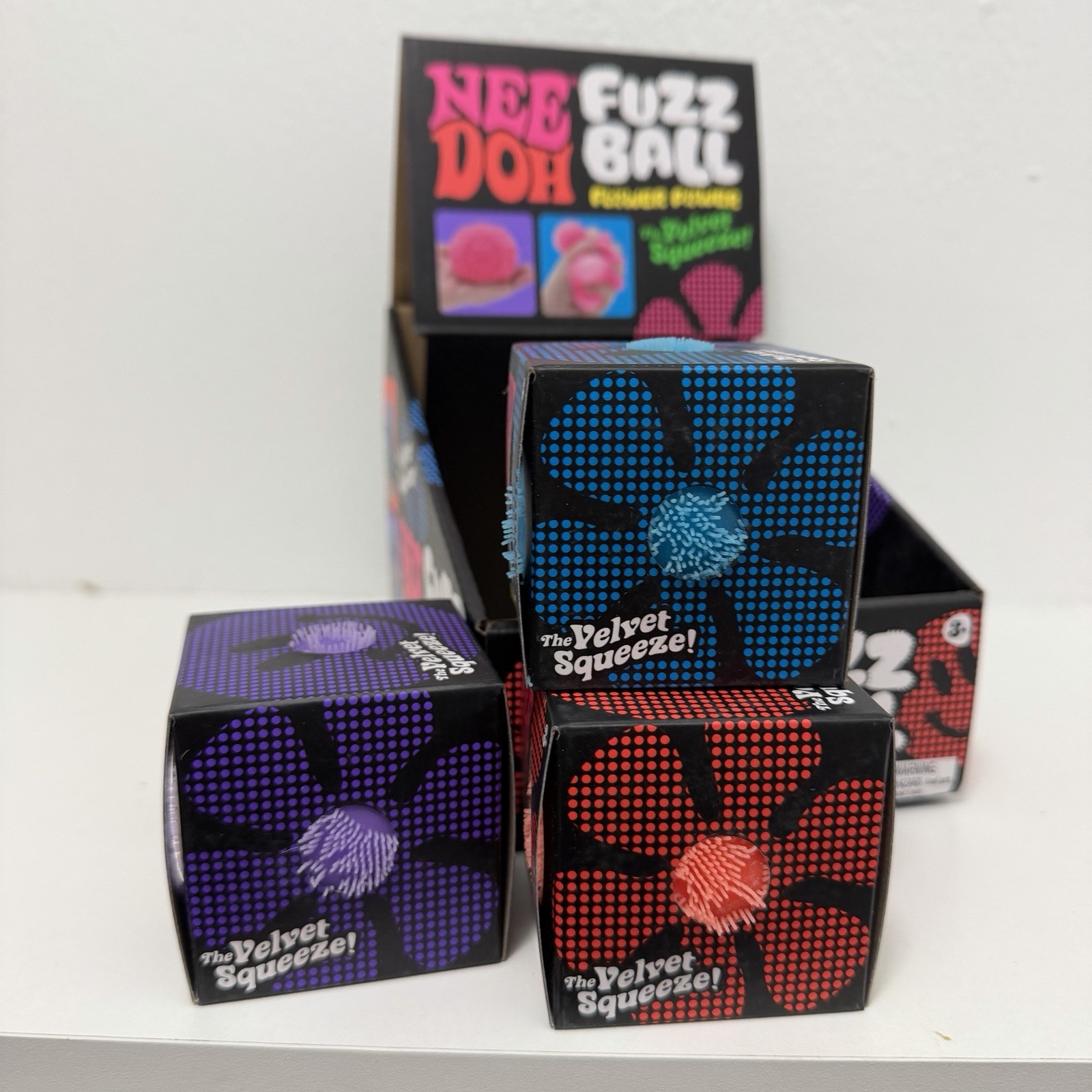 Needoh Fuzz Ball Flower Power Fidget Ball Purple Blue Orange LOT x3 w/ Display