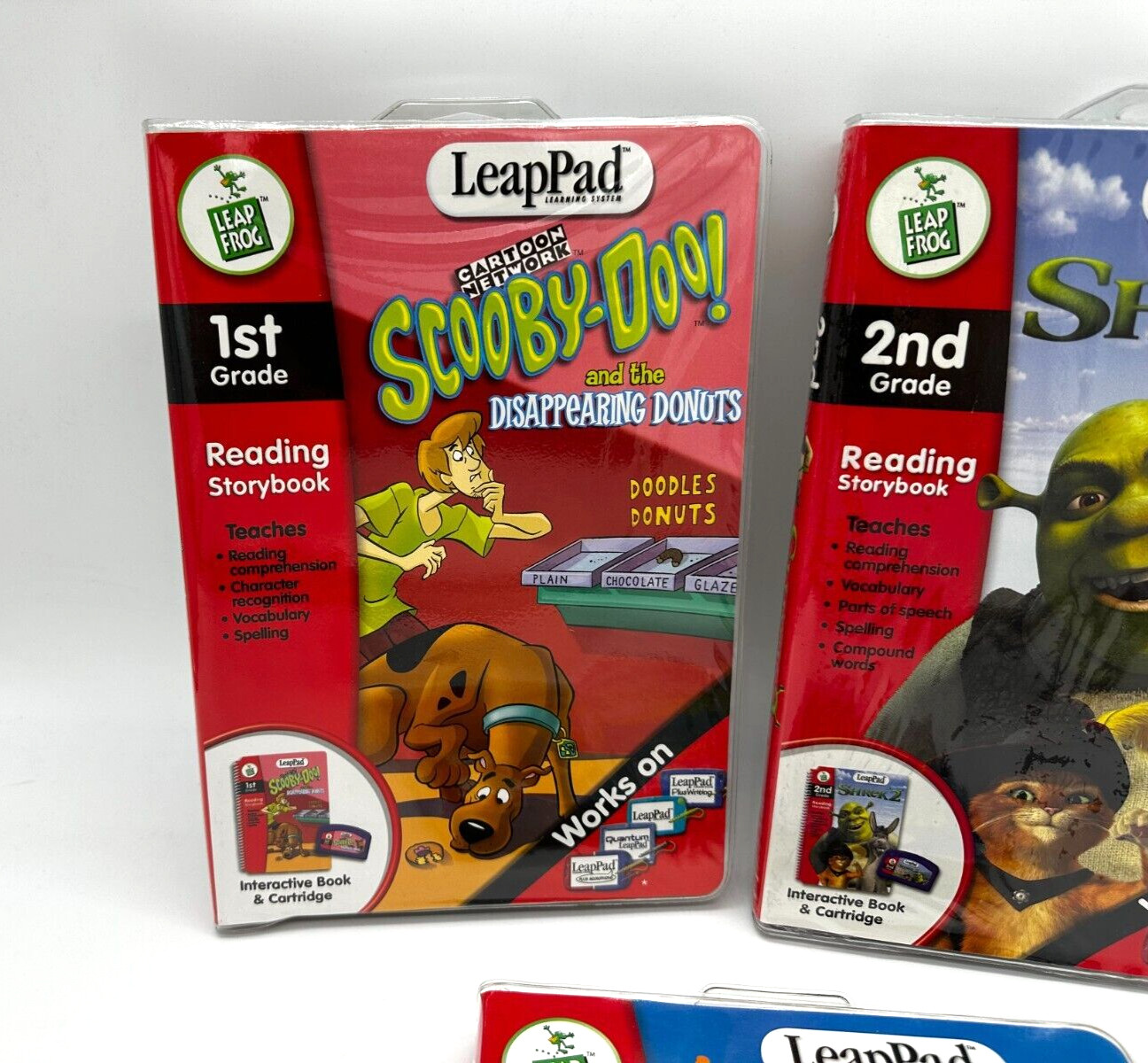Lot 3 NEW Leap Frog Interactive Book & Cartridge SpongeBob, Scooby-Doo, Shrek 2