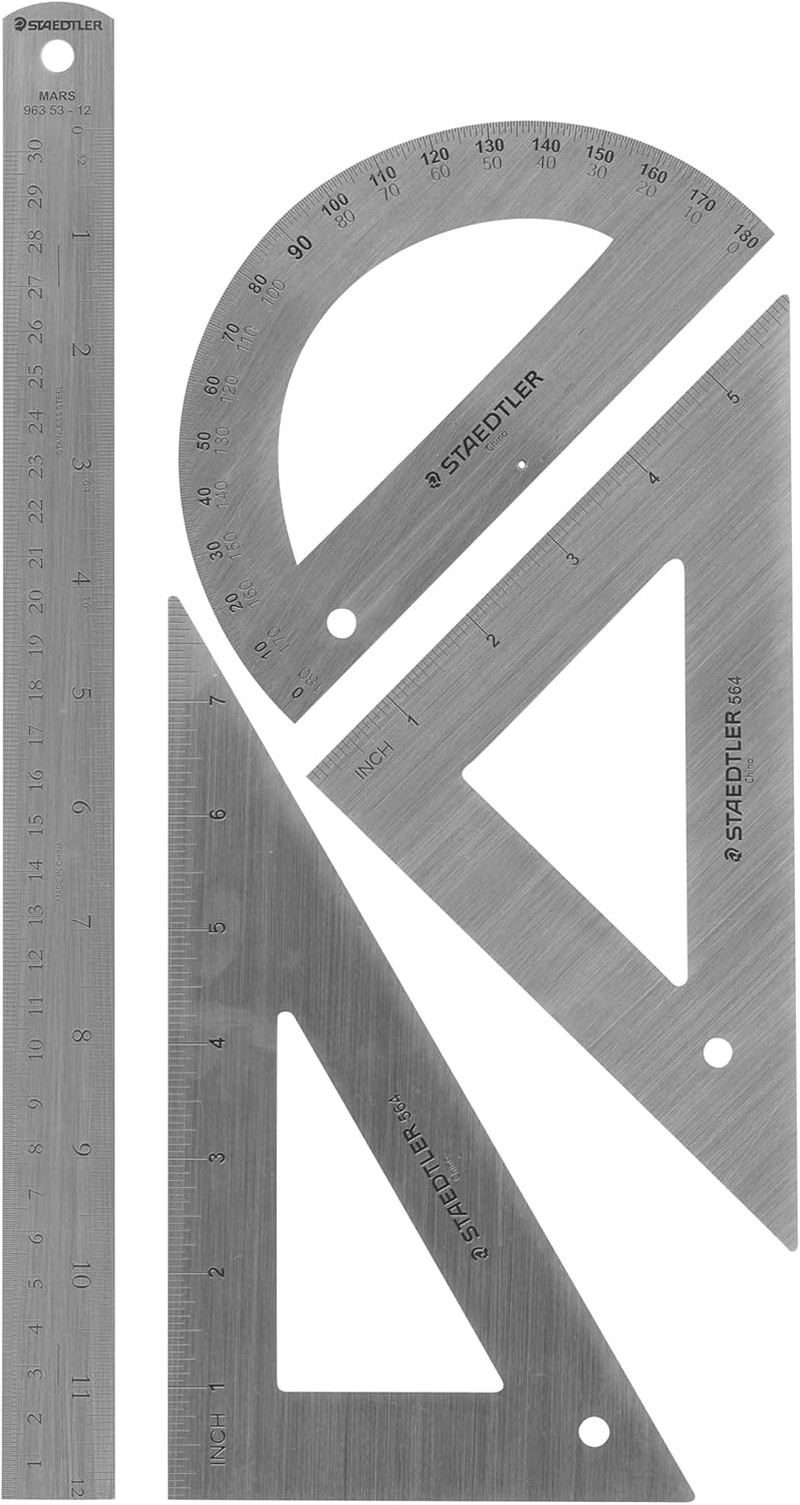 Stainless Steel Math Set – with 12In Ruler, 2 Triangle Set Squares (45/90° & 30/