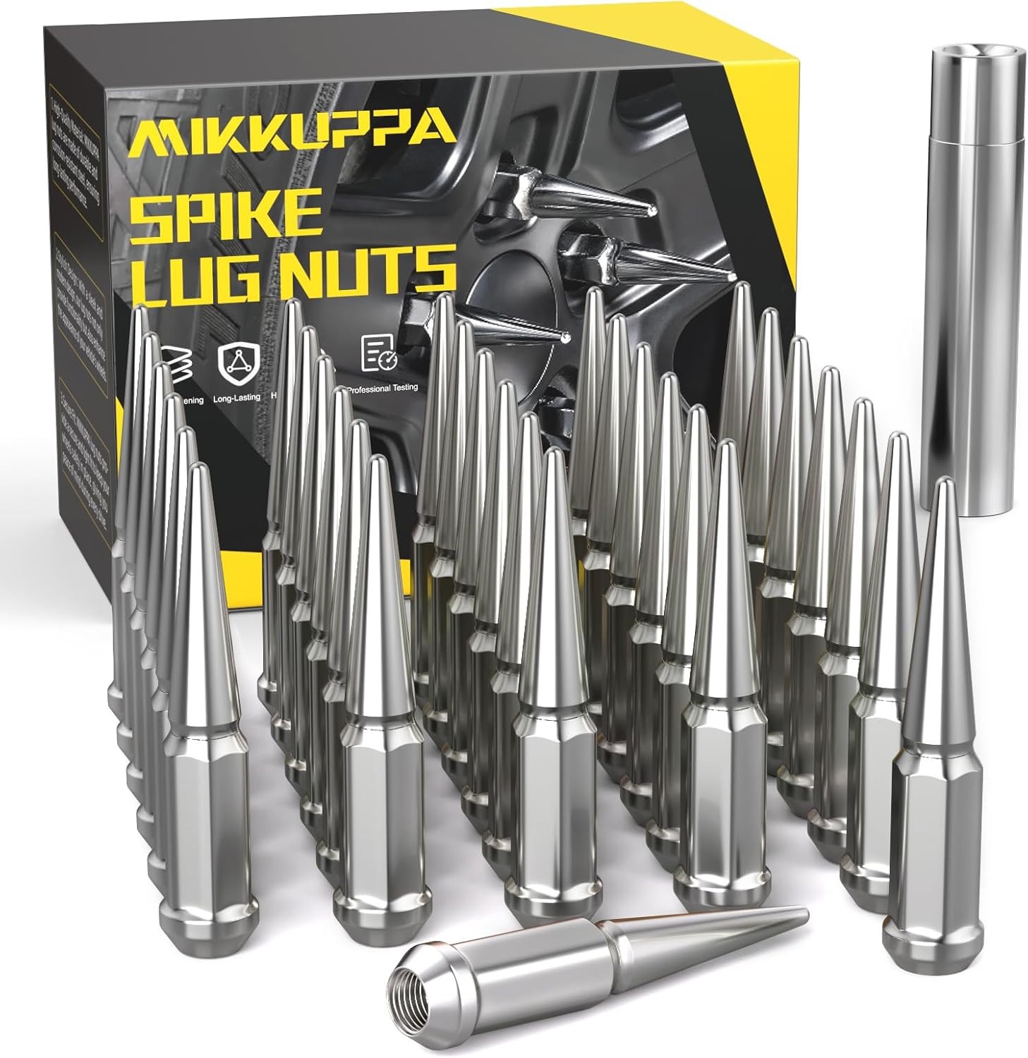 MIKKUPPA M14x1.5 Spike Lug Nuts 32PCS Chrome 4.4″ Acorn Wheel Nuts w/ Key