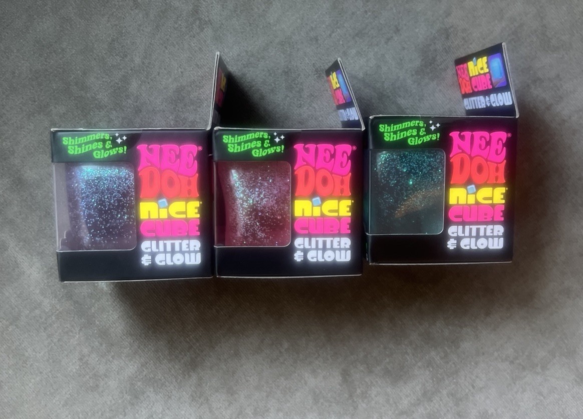 Lot Of 3 Needoh Nice Cube Glitter And Glow. Pink, Purple And Blue!
