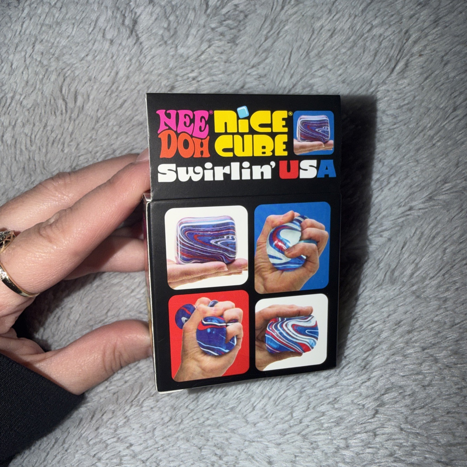 Nee Doh Nice Cube Swirlin’ USA Super Solid Squish Toy Blue Red White Squishy