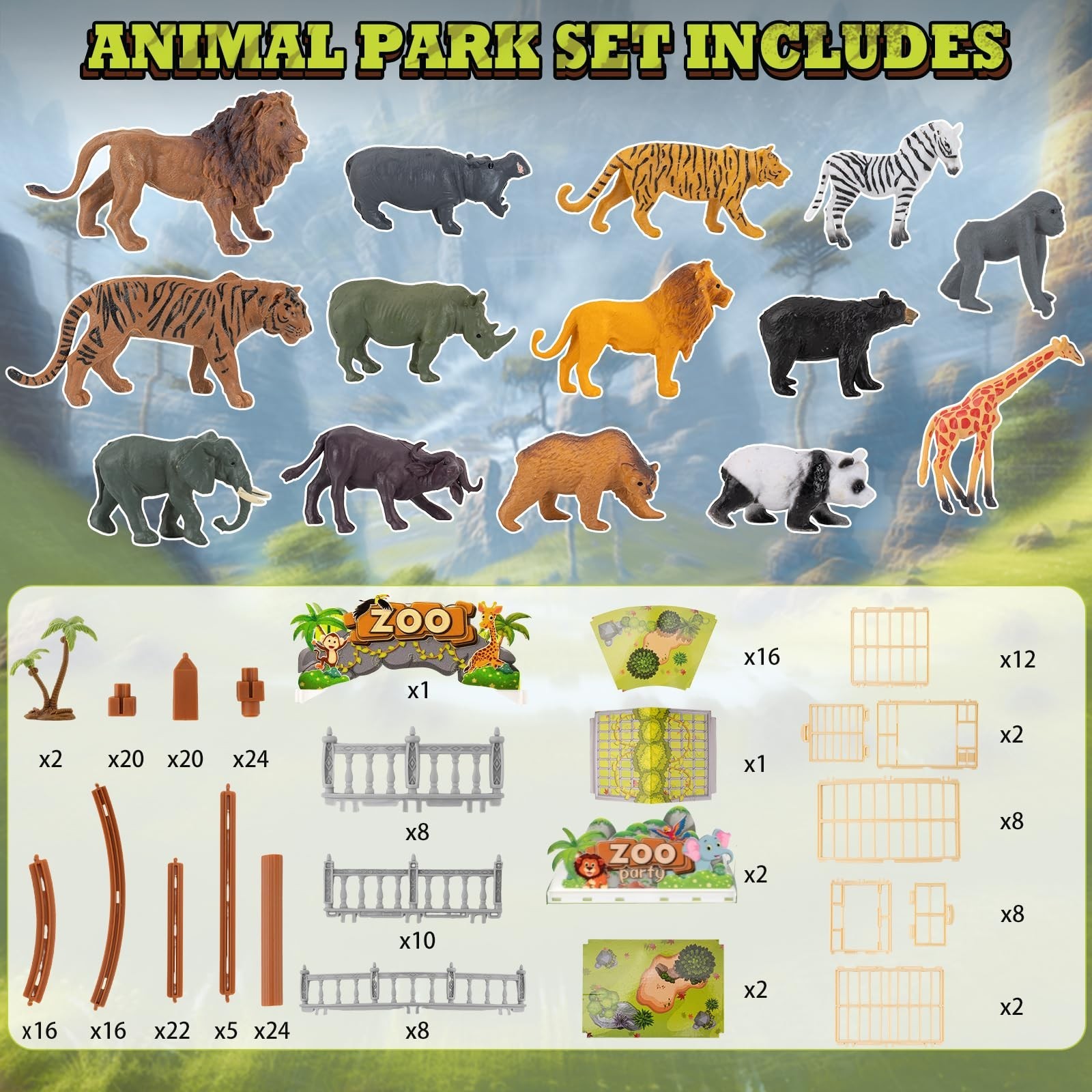 Complete 248PCS Animal Playground Set with 14 Realistic Wild Animals – Bui