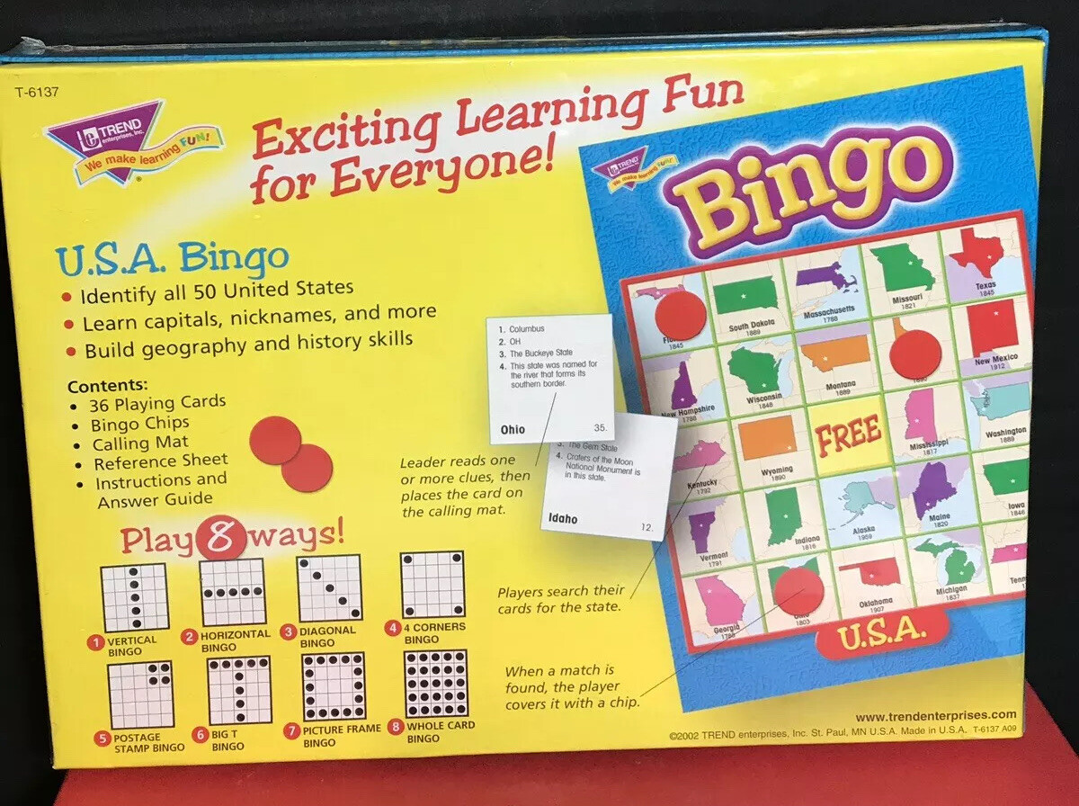USA Bingo NlB Ages 8+up 3 To 36 Players Educational State Capitals & Facts