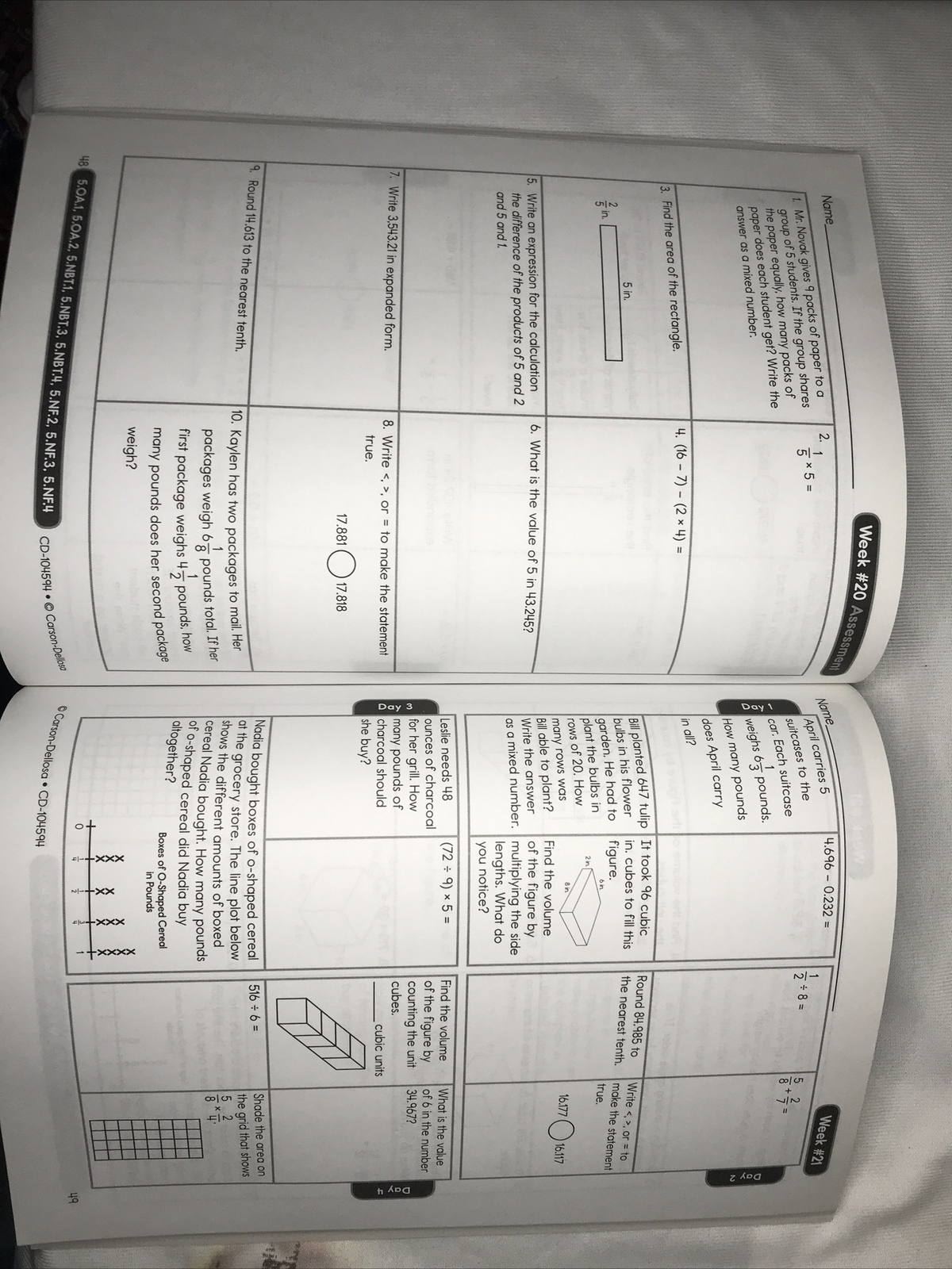 CARSON-DELLOSA Common Core 4 Today Workbook Math Grade 5 96 pages 104594