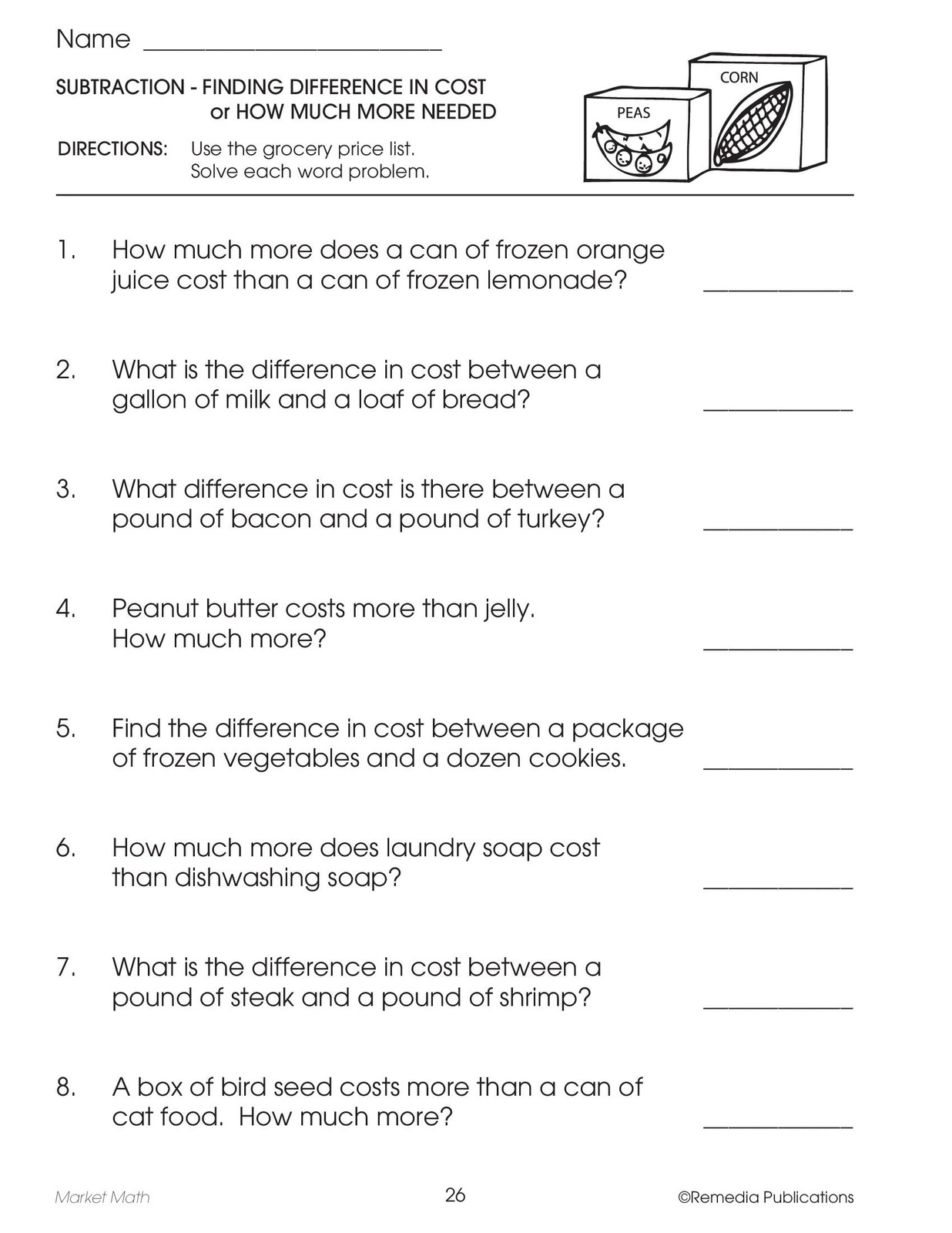 Remedia Publications Real Life Math Series Market Math Workbook For Grades 3-6